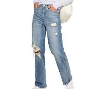SO Juniors 15 High Rise Wide Leg Denim Blue Jeans Distressed Zip Pocket Raw Hem
